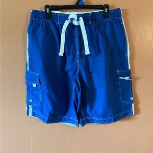 Wave Zone Blue Men’s Swim Trunks with White Side Stripes, Pockets – Size L